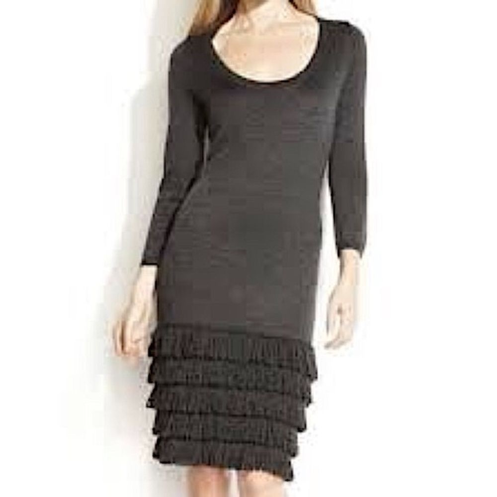 Calvin Klein Dark Grey Fringe 3/4 Sleeve Scoop-neck Bodycon Sweater Dress